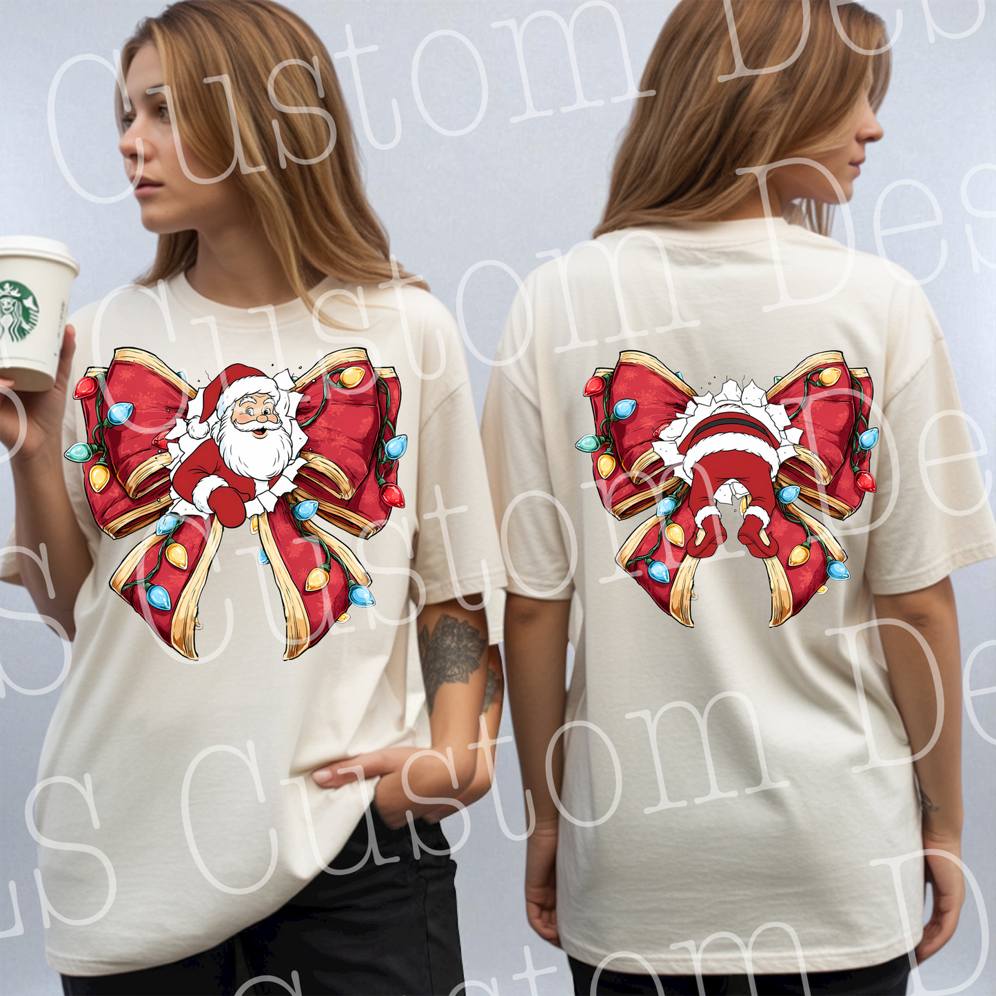 Santa Christmas Bow 2 Piece Set Ready To Press DTF Print