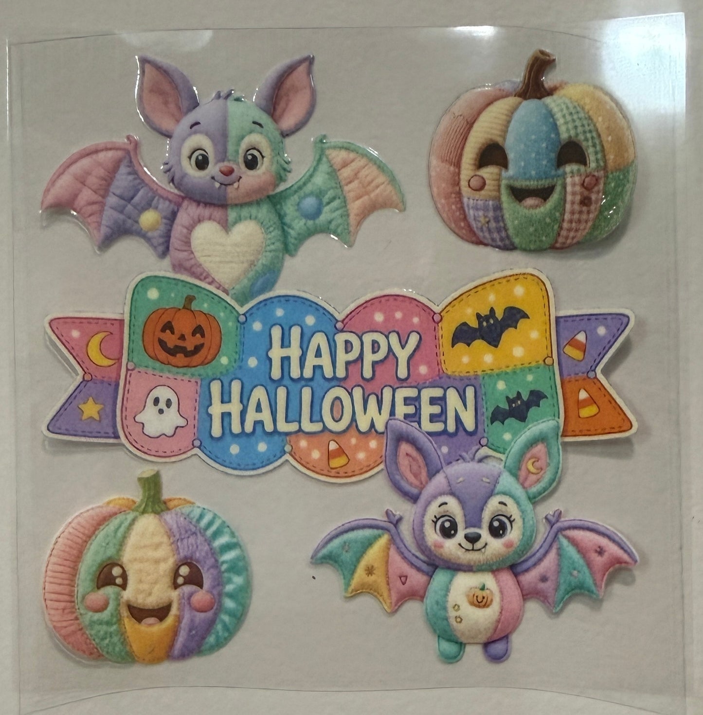 Pastel Happy Halloween Patchwork Bats Pumpkin 4” Tall Decal