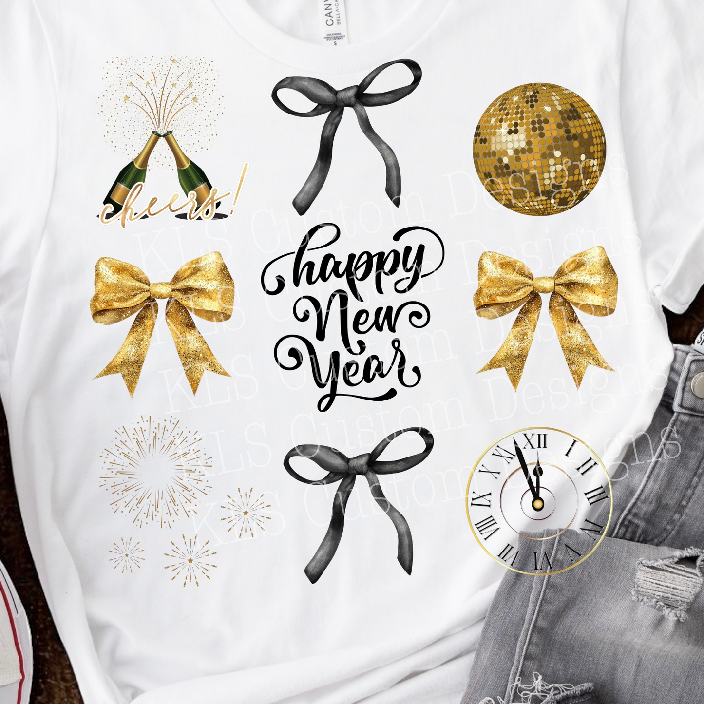 Happy New Year Black & Gold Bows Ready To Press DTF Print