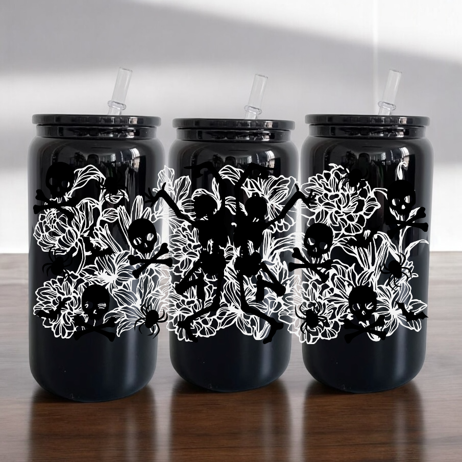 Dancing Skeletons And Intricate Floral Pattern Libbey UV DTF Wrap