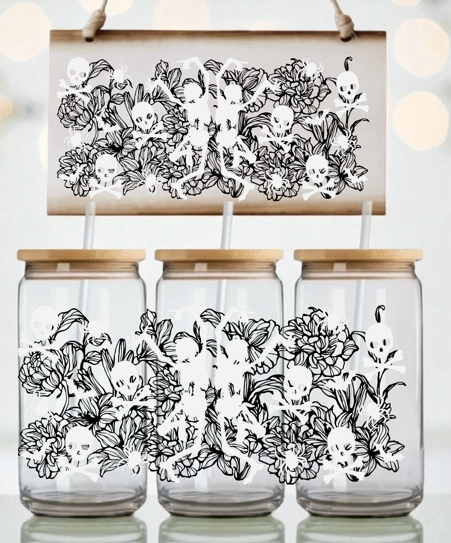 Dancing Skeletons And Intricate Floral Pattern Libbey UV DTF Wrap