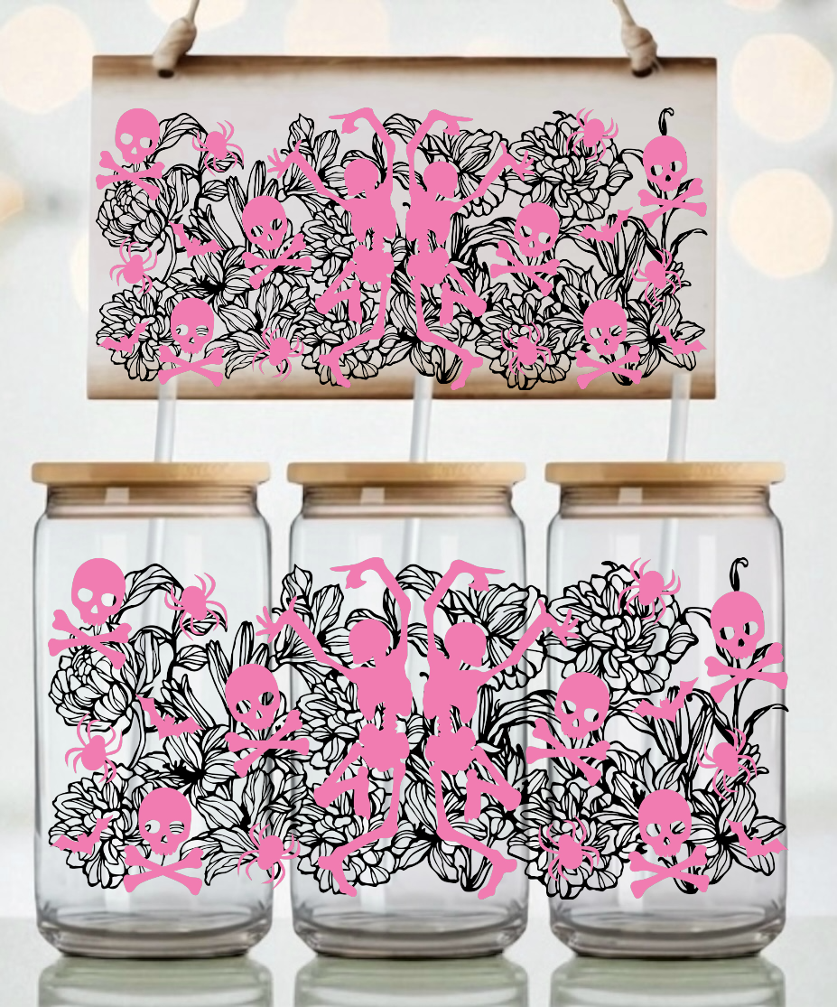 Dancing Skeletons And Intricate Floral Pattern Libbey UV DTF Wrap