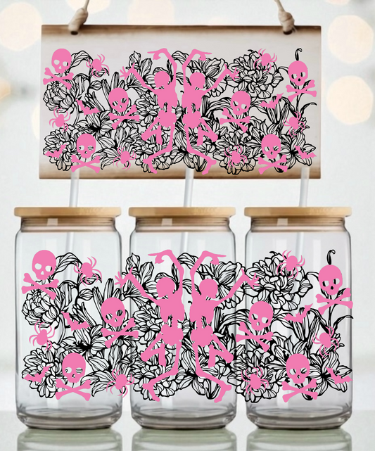 Dancing Skeletons And Intricate Floral Pattern Libbey UV DTF Wrap