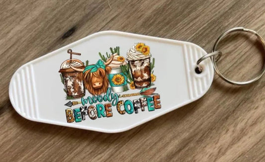 Keychain Moody Before Coffee Cow UV DTF Decal