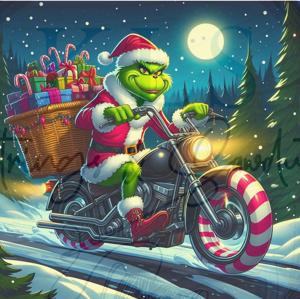 Green Santa With Basket Full Of Presents Motorcycle 20 Oz Skinny Permanent Vinyl