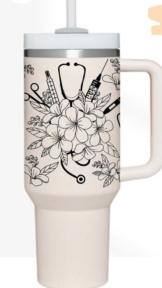 12P 40 OZ Nurse/Doctor Floral UV DTF Wrap