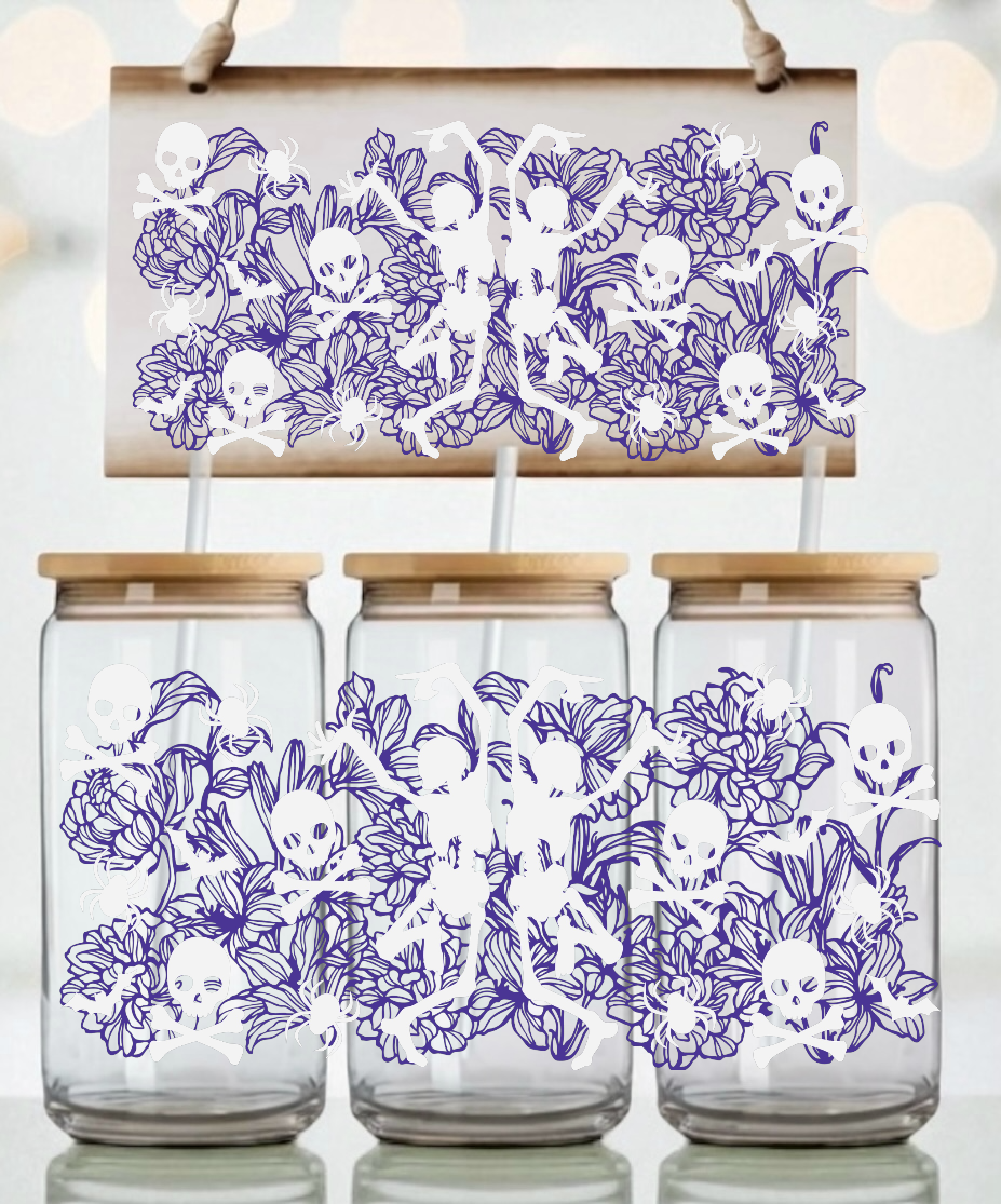 Dancing Skeletons And Intricate Floral Pattern Libbey UV DTF Wrap