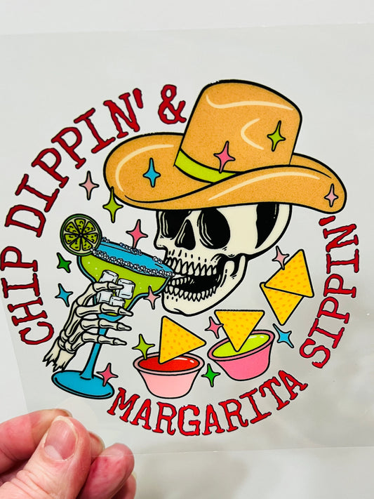 4Y Chip Dippin’ Margarita Sippin’ Skull 4” Tall UV DTF Decal