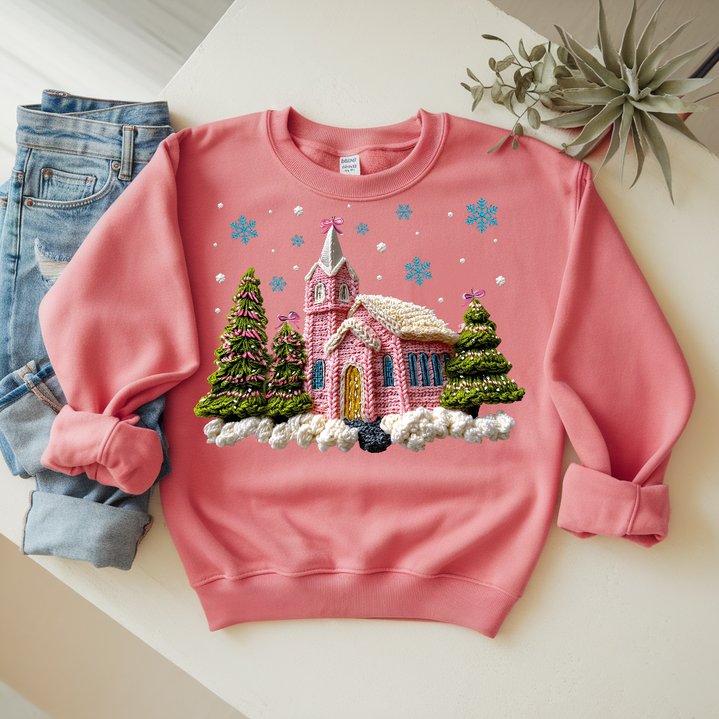 Yarn Christmas Church Scene Ready To Press DTF Print