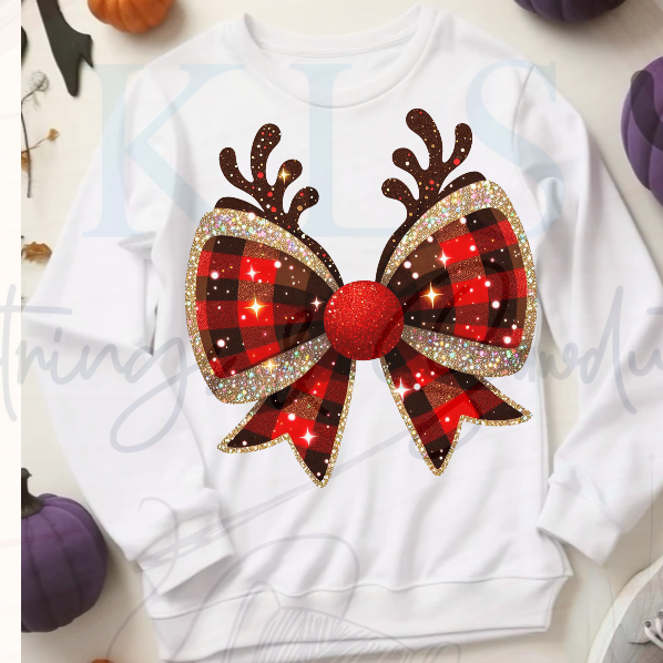 Faux Sparkle Buffalo Plaid Reindeer Bow Ready To Press DTF Print