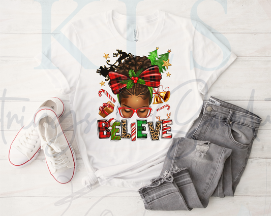 Believe Christmas Black Messy Bun Ready To Press DTF Print