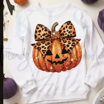 Sparkly Pumpkin Jack O’ Lantern Cheetah Coquette Bow  Ready to Press DTF Print