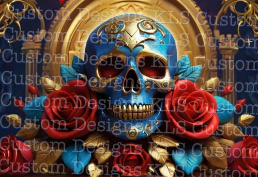 Blue Gold Skull With Roses 20 Oz Skinny Permanent Vinyl