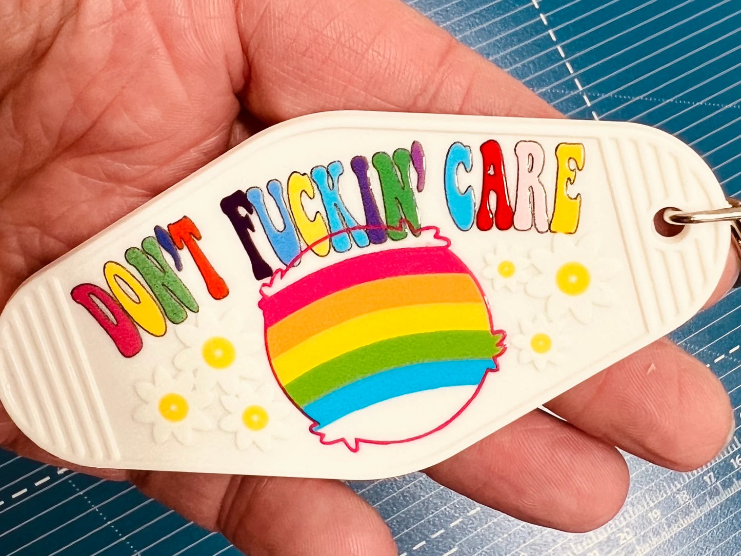 Keychain Don’t Fuckin’ Care Horizontal UV DTF Decal