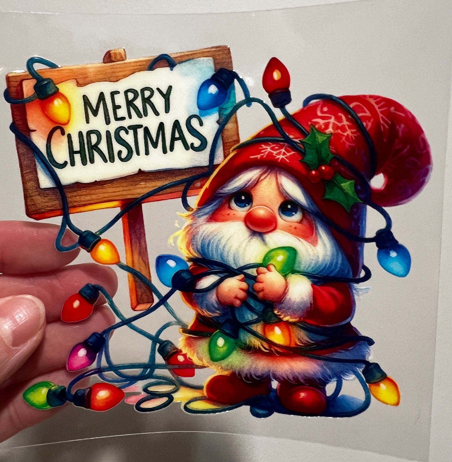 17G Cute Merry Christmas Gnome With Lights 4” Tall UV DTF Decal