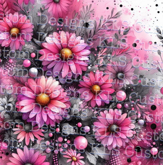 Hot Pink Gray Watercolor Daisies 20 Oz Skinny Permanent Vinyl