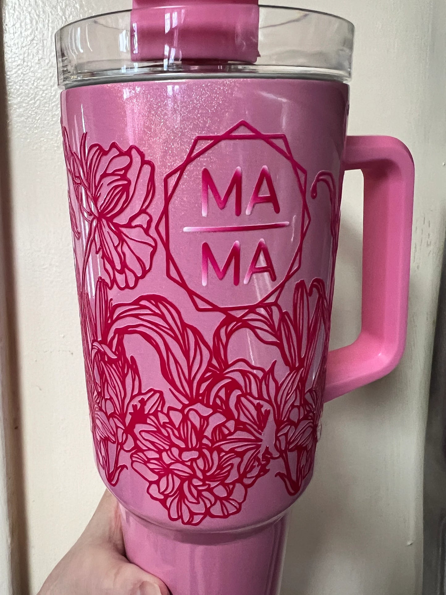 11B 40 Ounce Mama Pink Intricate Floral UV DTF Wrap