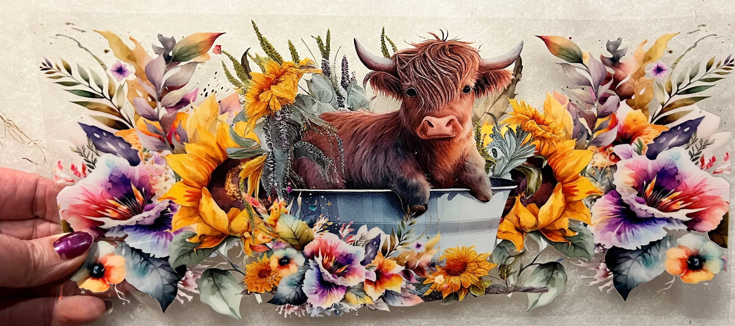 2G 40 OZ Baby Highland Cow In Bath Tub Sunflowers UV DTF Wrap