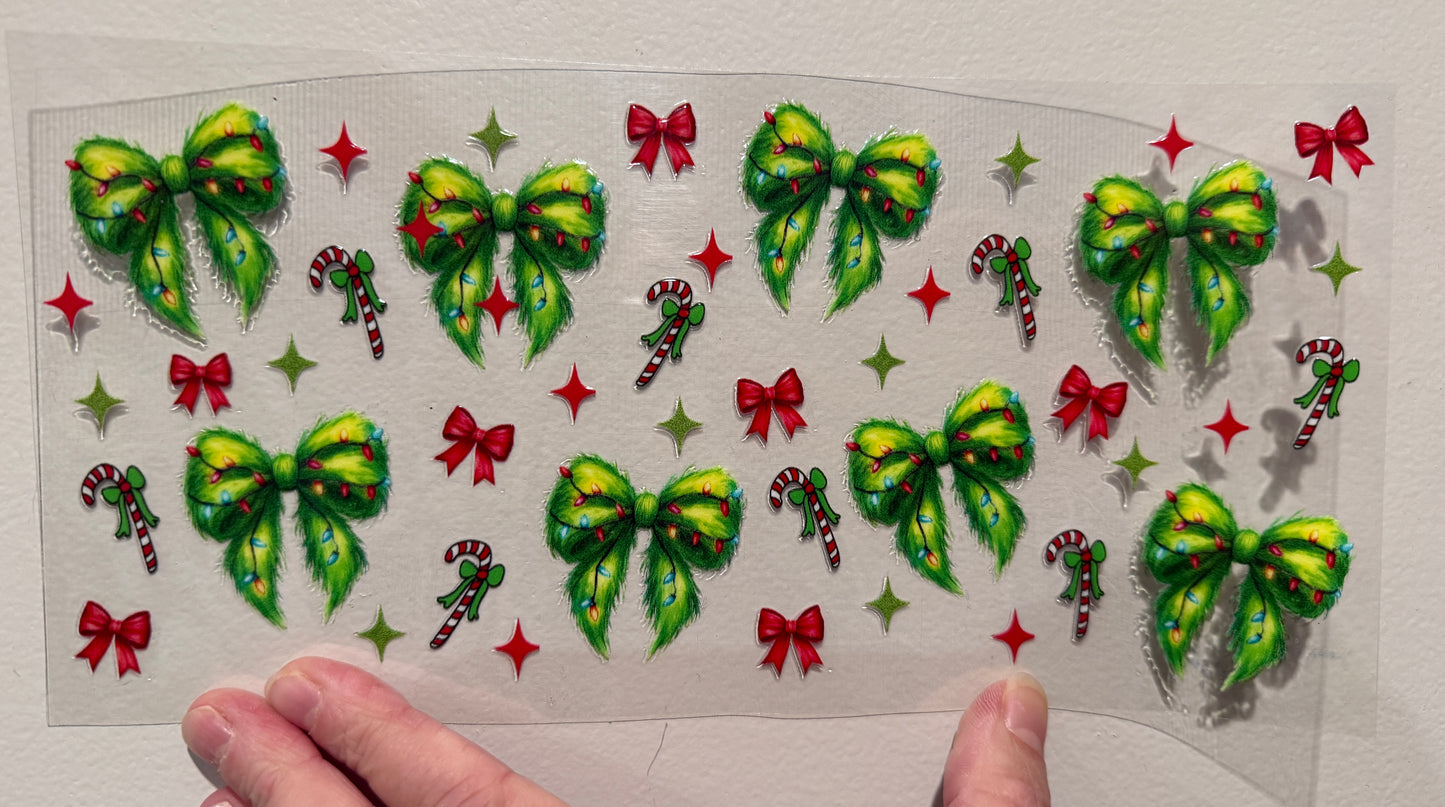 14G Green Furry Bows Christmas UV DTF Wrap