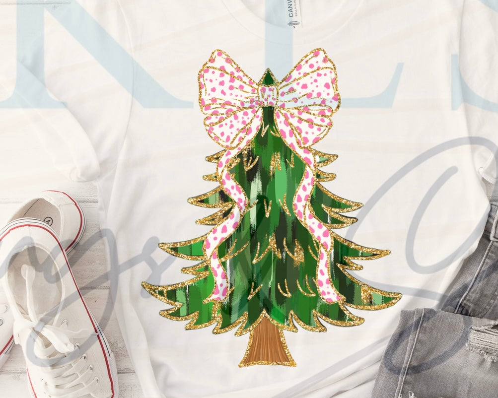 Christmas Tree Pink Bow Ready To Press DTF Print