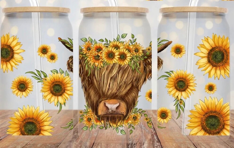 B3 Highland Cow Sunflowers UV DTF Wrap