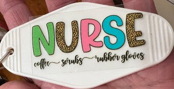 Keychain Nurse Coffee Scrubs Rubber Gloves UV DTF Decal