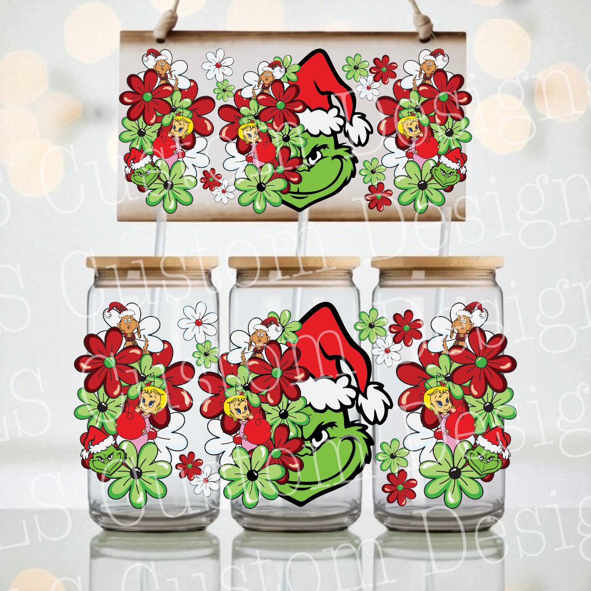 14P Christmas Floral Grouch UV DTF Wrap Libbey