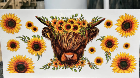 8G 40 OZ Highland Cow With Sunflowers UV DTF Wrap
