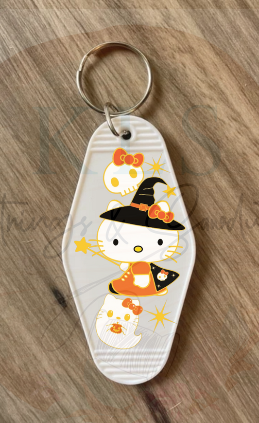 Keychain Halloween Kitty Witch Gold Bats
