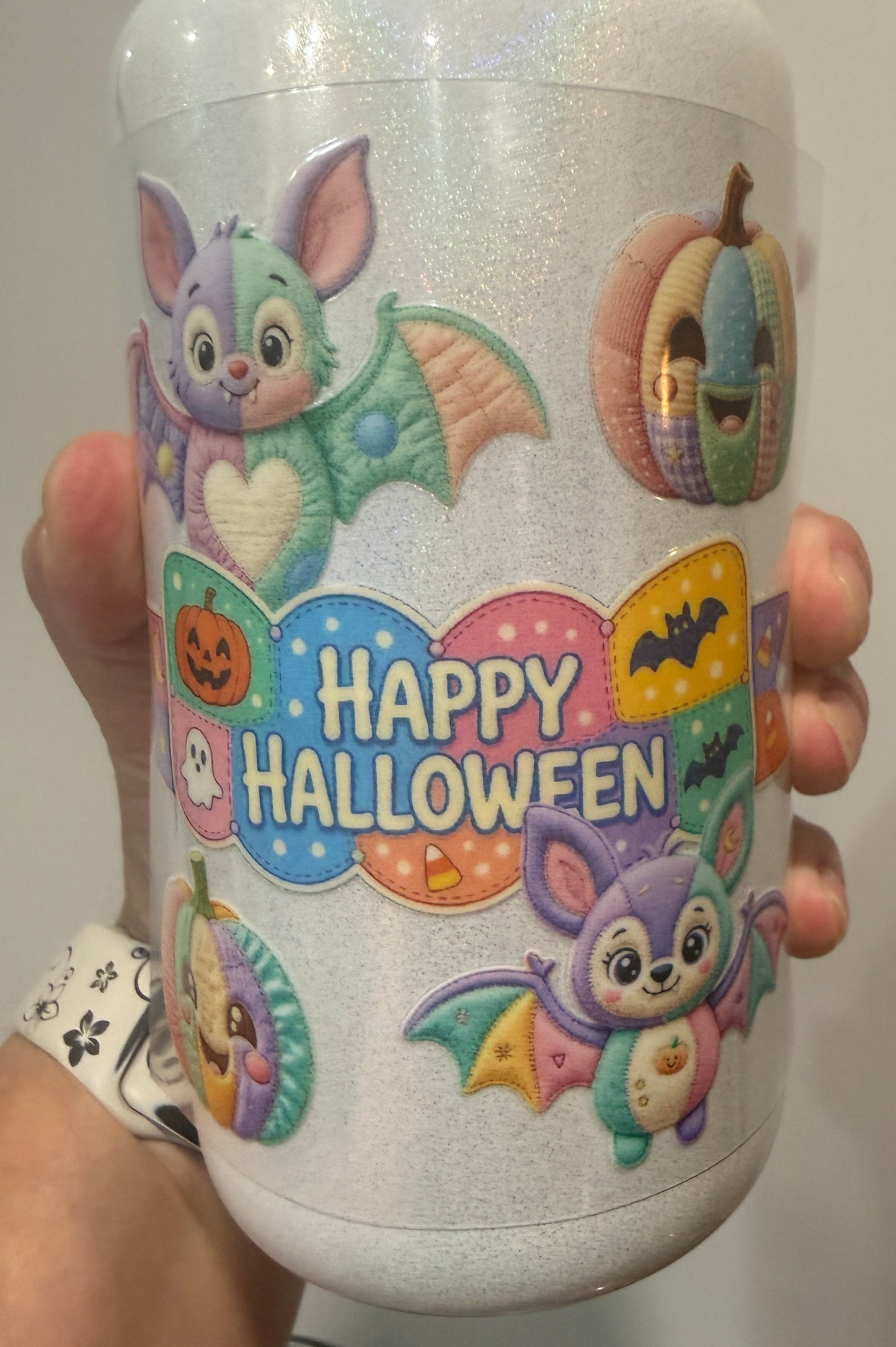 Pastel Happy Halloween Patchwork Bats Pumpkin   4” Tall Decal