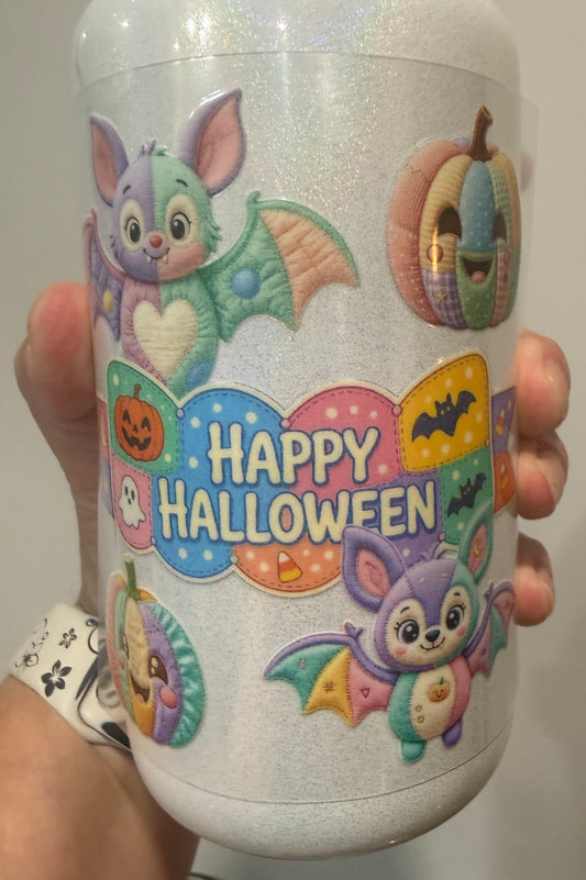 24G Pastel Happy Halloween Patchwork Bats Pumpkin   4” Tall Decal