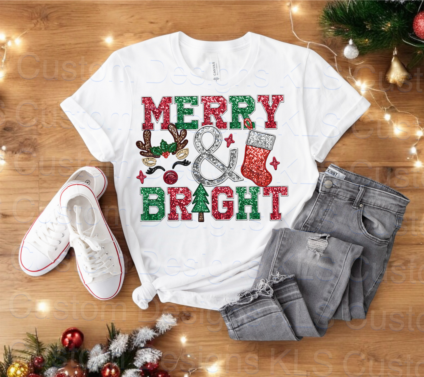 Merry & Bright Faux Glitter Ready To Press DTF Print