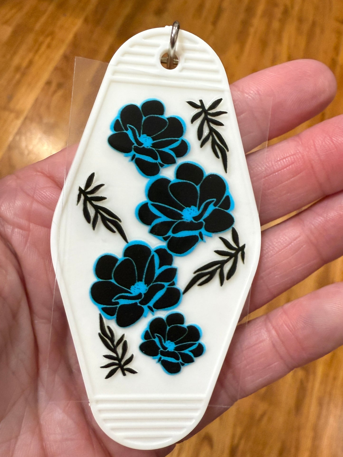 Keychain blue And Black Tropical Floral  UV DTF Decal
