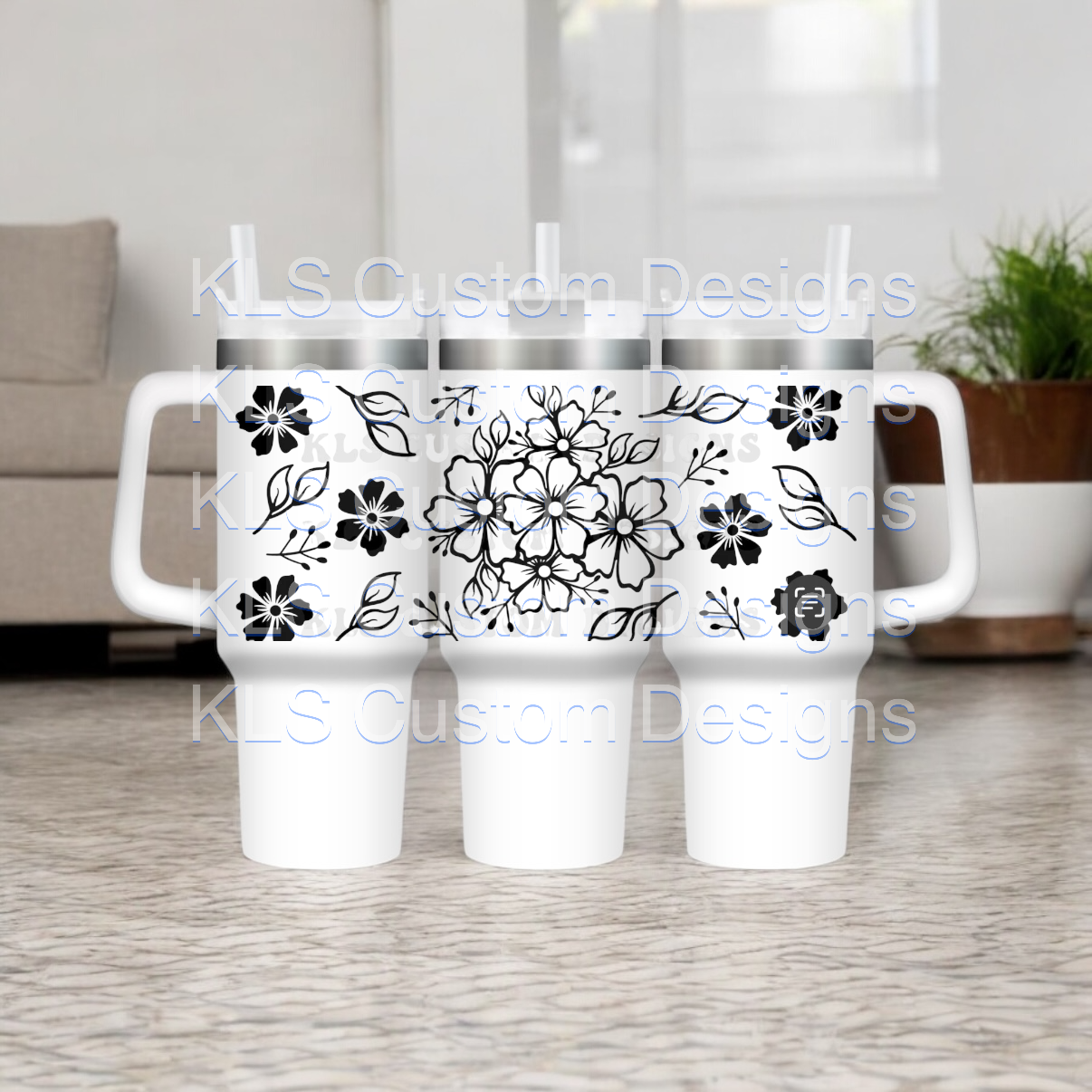 2P 40 Ounce Black Floral UV DTF Wrap