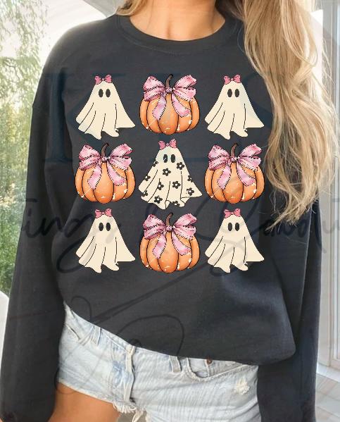 Pumpkins With Ghosts Wearing Bows Ready To Press DTF Print