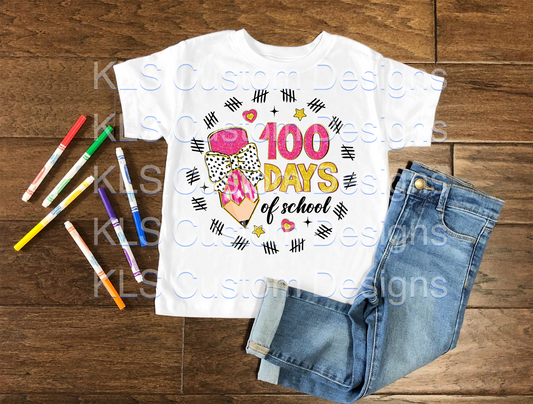 Faux Glitter Pencil With Bow 100 Days Of School Ready To Press DTF Print